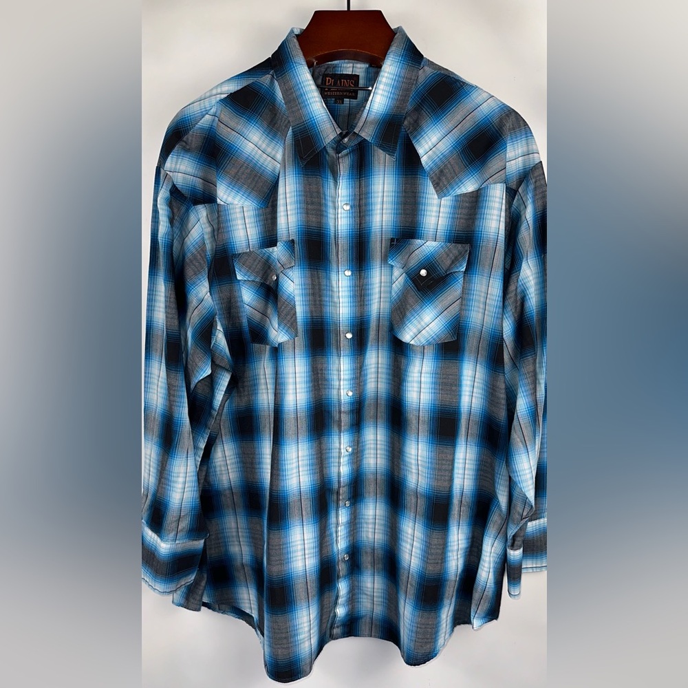 Plains Western Wear Shirt Mens 3X Big Man Blue Plaid Long‎ Sleeve Pearl Snap
